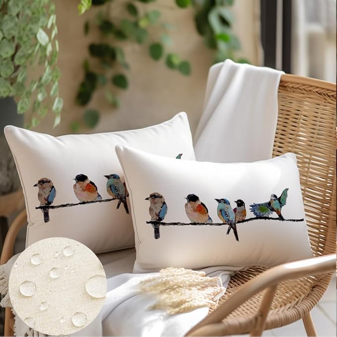 RABUSOFA Outdoor Pillow Covers Waterproof 12x20, Outdoor Bird Lumbar Throw
