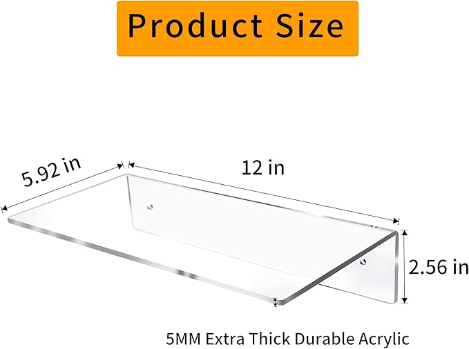 Jansburg 12 Inch L-Shaped Acrylic Floating Shelf Wall Mounted Shelves Invisible