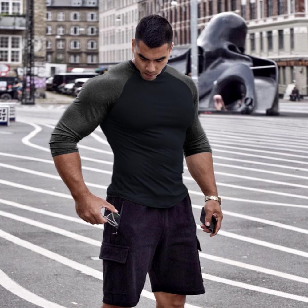 Mens Muscle Cut Raglan T Shirts with 3/4 Sleeve Fitness Workout Tops Black-Dark Grey L