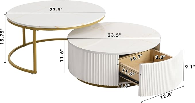 27.6" Modern Round Nesting Coffee Table Fluted