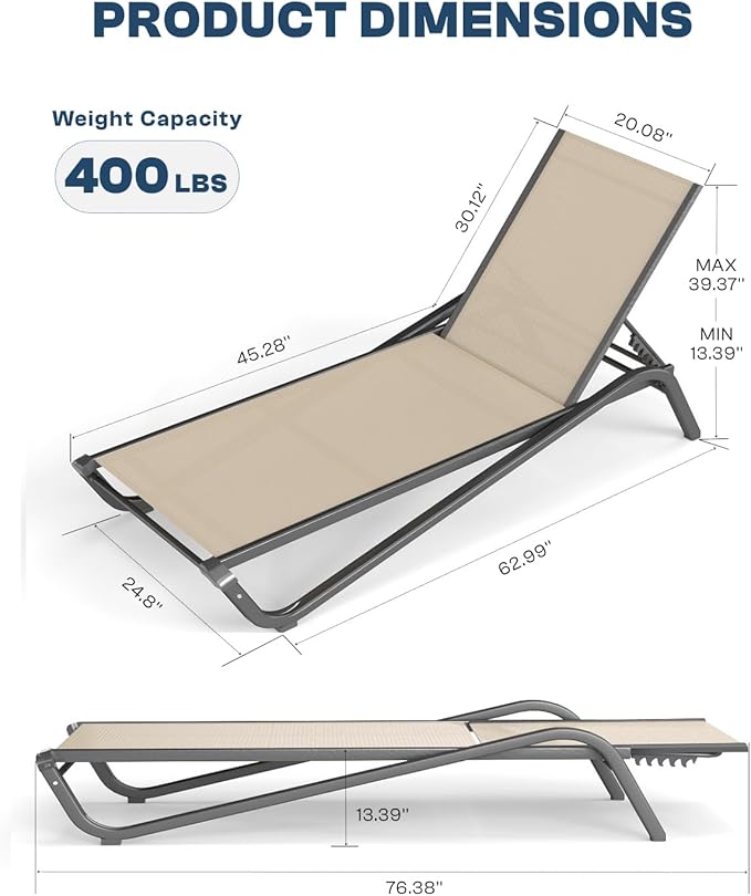 Set of 2 Patio Chaise Lounge Chairs, All-Weather Aluminum Pool Loungers