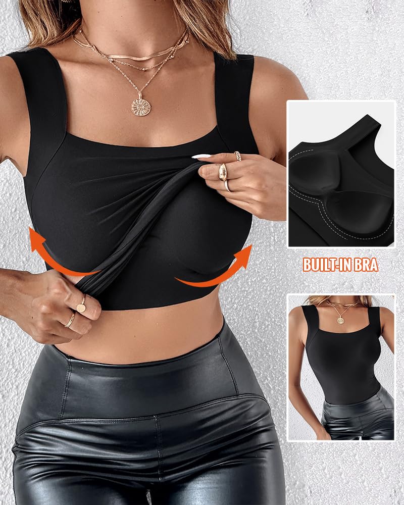 CHICME Womens U Neck Shapewear Built-in Bra Tank High Strechy Sleeveless Slim Fit Tops Camisole Workout Tops Black-