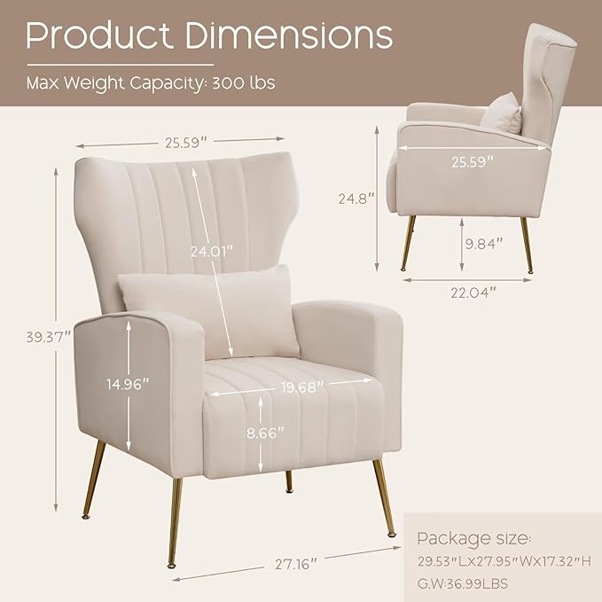 Velvet Accent Chair Set of 2, Wingback Armchair