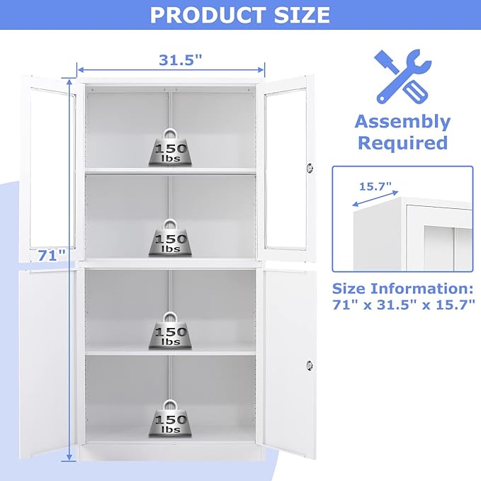 4 Door Display Cabinet with Adjustable Shelves, Locking Steel Storage Caninet