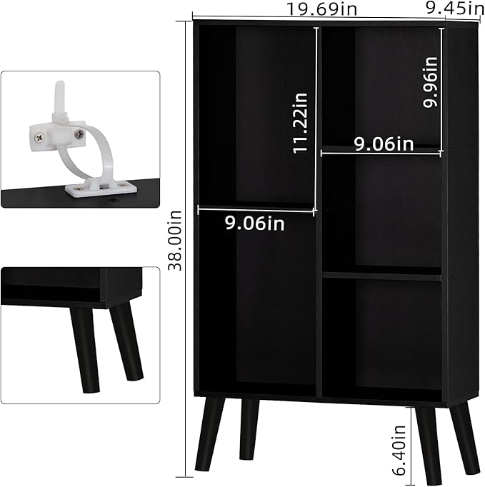 YAHARBO Small Black Narrow Bookshelf, 3 Tier Modern Bookcase