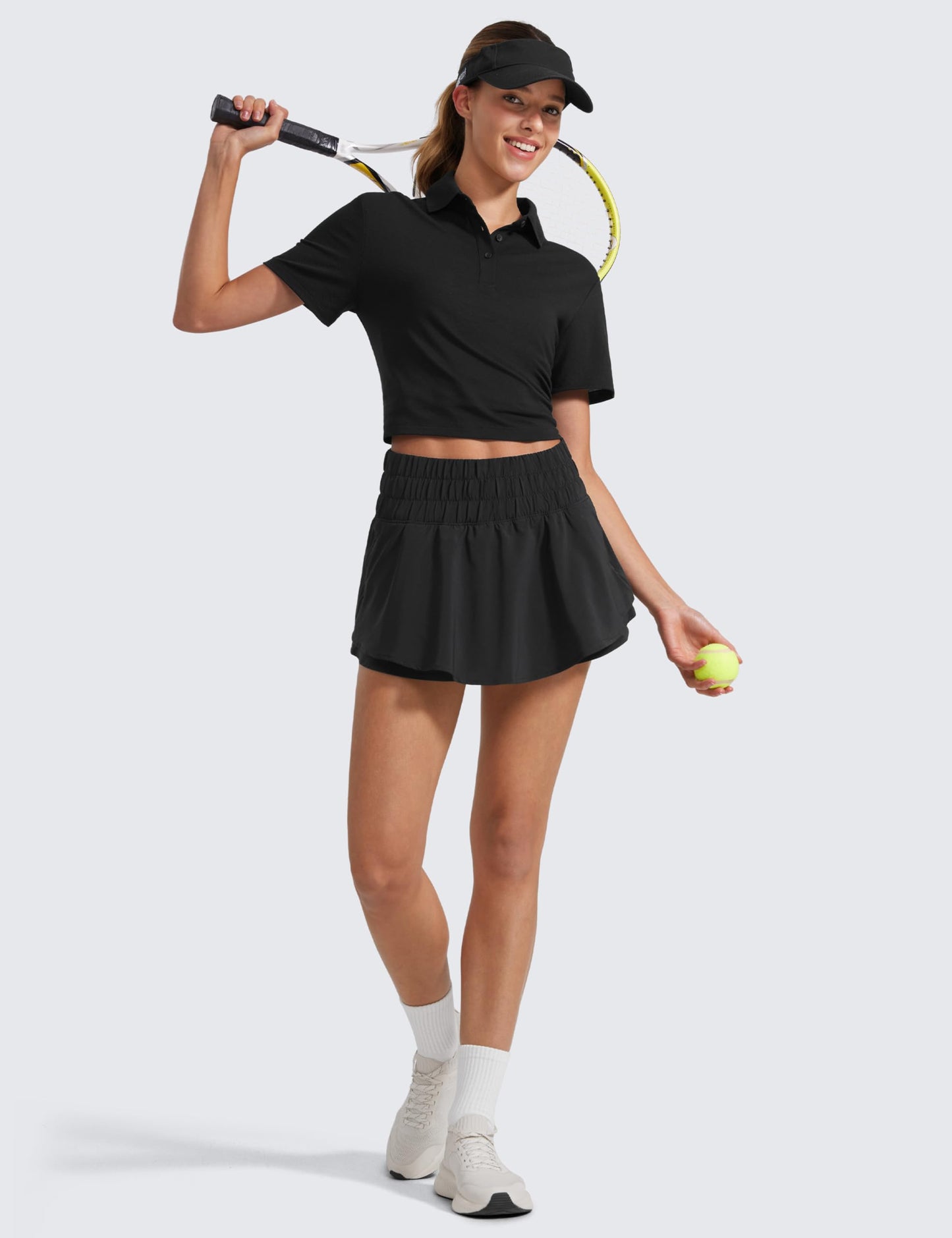 CRZ YOGA Athletic Shorts for Women High Waisted Flowy Ruffle Skirt Overlay for Workout Running Tennis with Zip Pocket Black Small