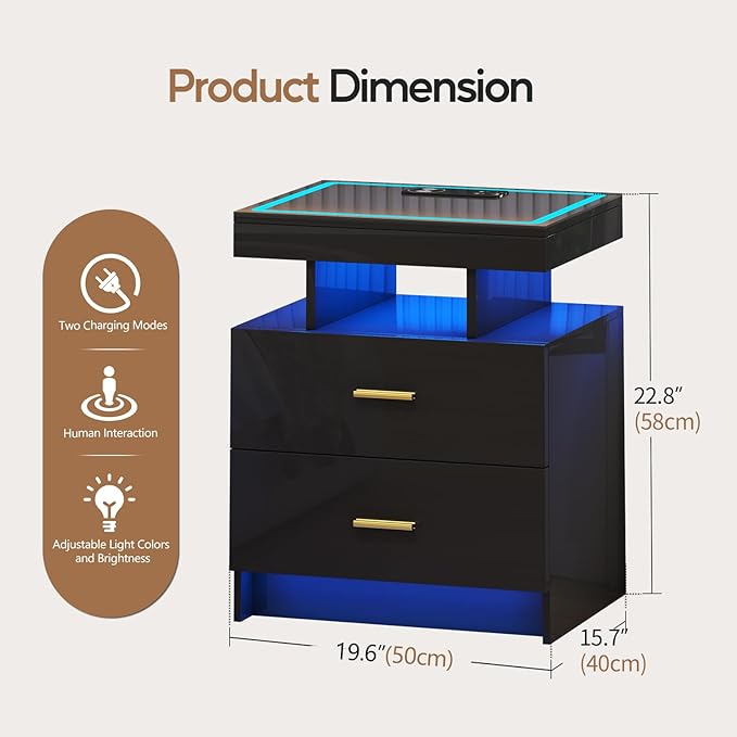 LED Nightstand with Wireless Charging Station, Glass Top Smart Bedside Table