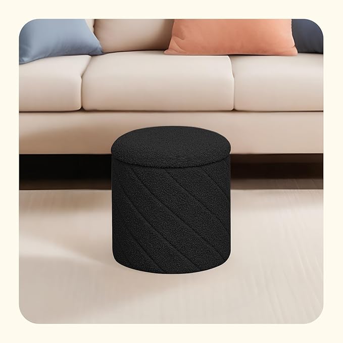 PINPLUS Ottoman with Stroage Round Boucle Ottoman and Tray Sherpa Removable