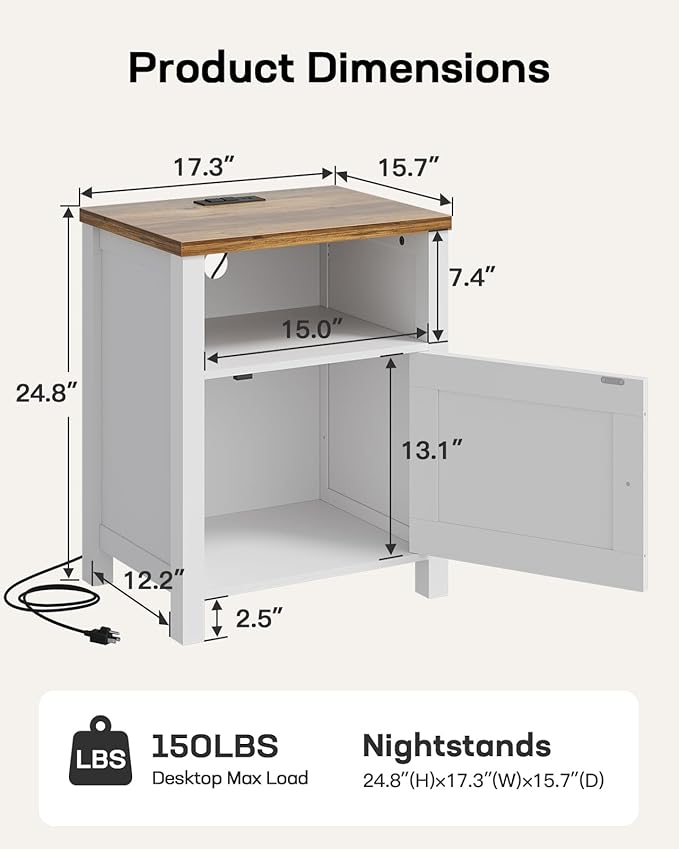 Marsail Farmhouse Nightstand Set of 2, Wood Bedside Table