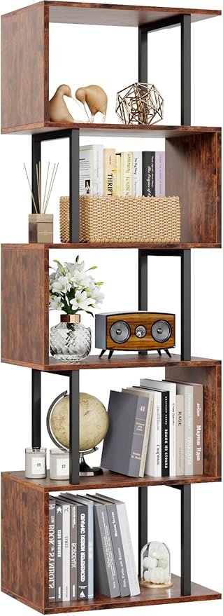 Furologee 6 Tier Bookshelf, Tall S Shaped Geometric Bookcase, Modern Display