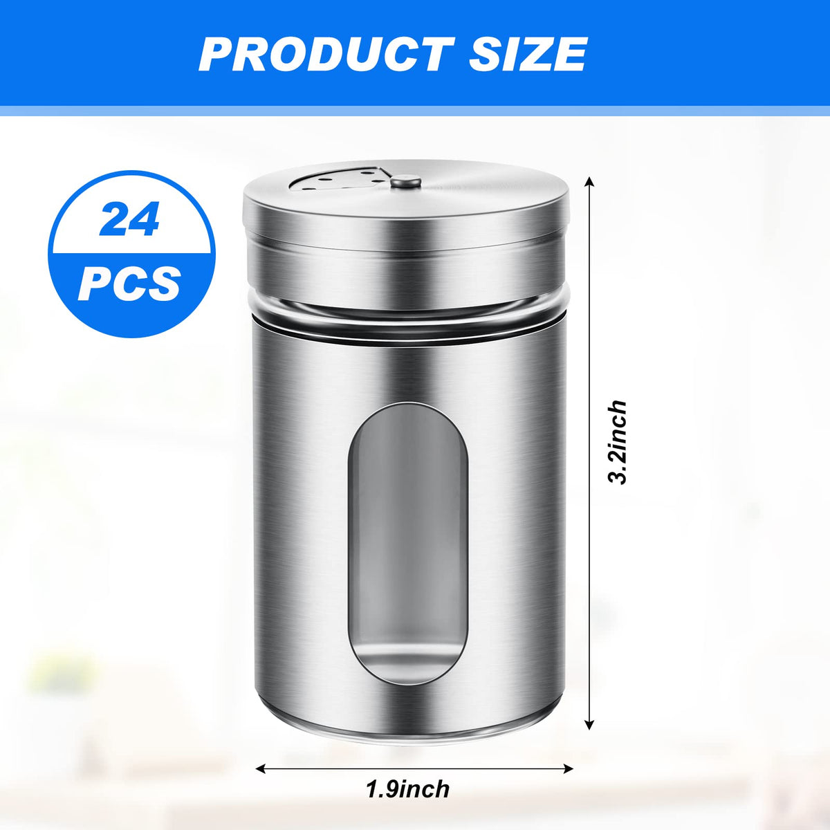 Dandat 24 Pcs Salt and Pepper Shakers Stainless Steel Spice Shakers with Adjustable Pour Holes and Glass Window 3.4oz Salt Dispenser Spice Jars with Rotating Lids for Sugar Seasoning Home