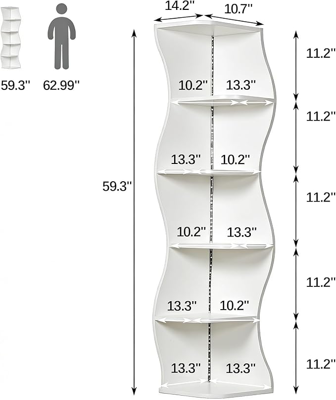 VECELO Wavy Corner Shelf with LED Light, Decorative 6-Tier Corner Display