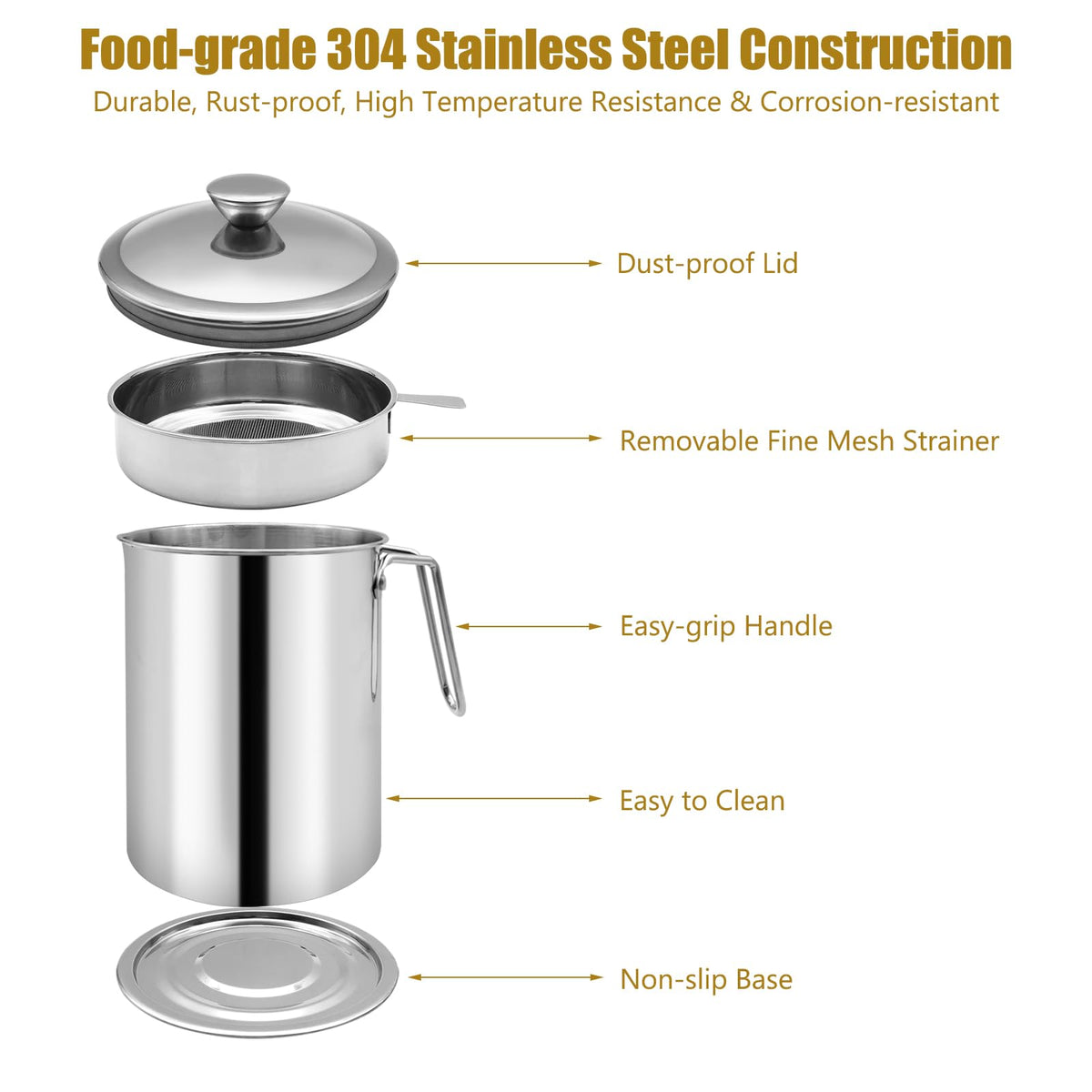 Zalaxt Bacon Grease Container With Strainer, 2.1L Grease Strainer and Container with Dust-Proof Lid, 304 Stainless Steel Oil Filter Storage with Fine Mesh 2.1L