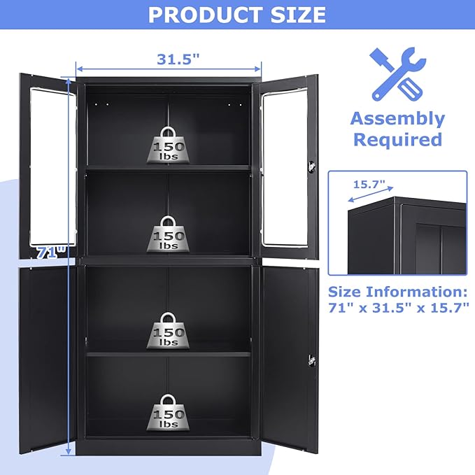 71”H Display Cabinet with Adjustable Shelves, 4 Door Display Cabinets with