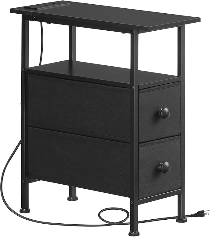 HOOBRO End Table with Charging Station, Narrow Side Table with 2 Fabric Drawers