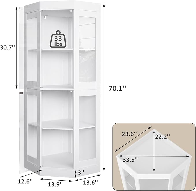 70''H Tall Corner Cabinet with Glass Doors, Farmhouse Storage Cabinet with 4