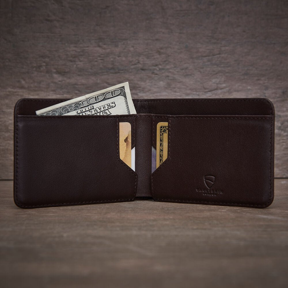 Vaultskin MANHATTAN Slim RFID Blocking Bifold Leather Wallet for Men - Minimalist Front Pocket Card Holder, Holds 9 Cards & Cash, Premium Italian Leather (Brown)