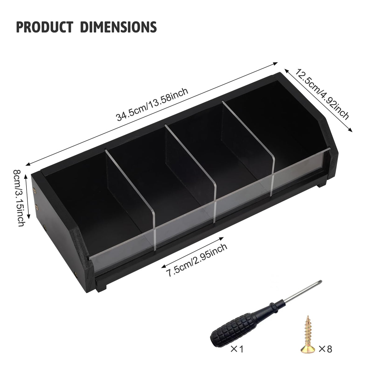 Tea Bag Holder Organizer Box with 4 Compartments, Pine Wood and Acrylic, 13.5 x 4.9 x 3.1 inches for Drawer, Cabinet, Countertop, Tea Tray (Black)