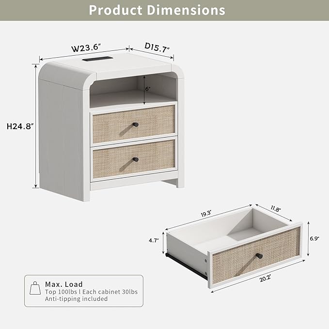 Oak&Sparrow Rattan Nightstand Set of 2, 23.6'' Rattan End Table