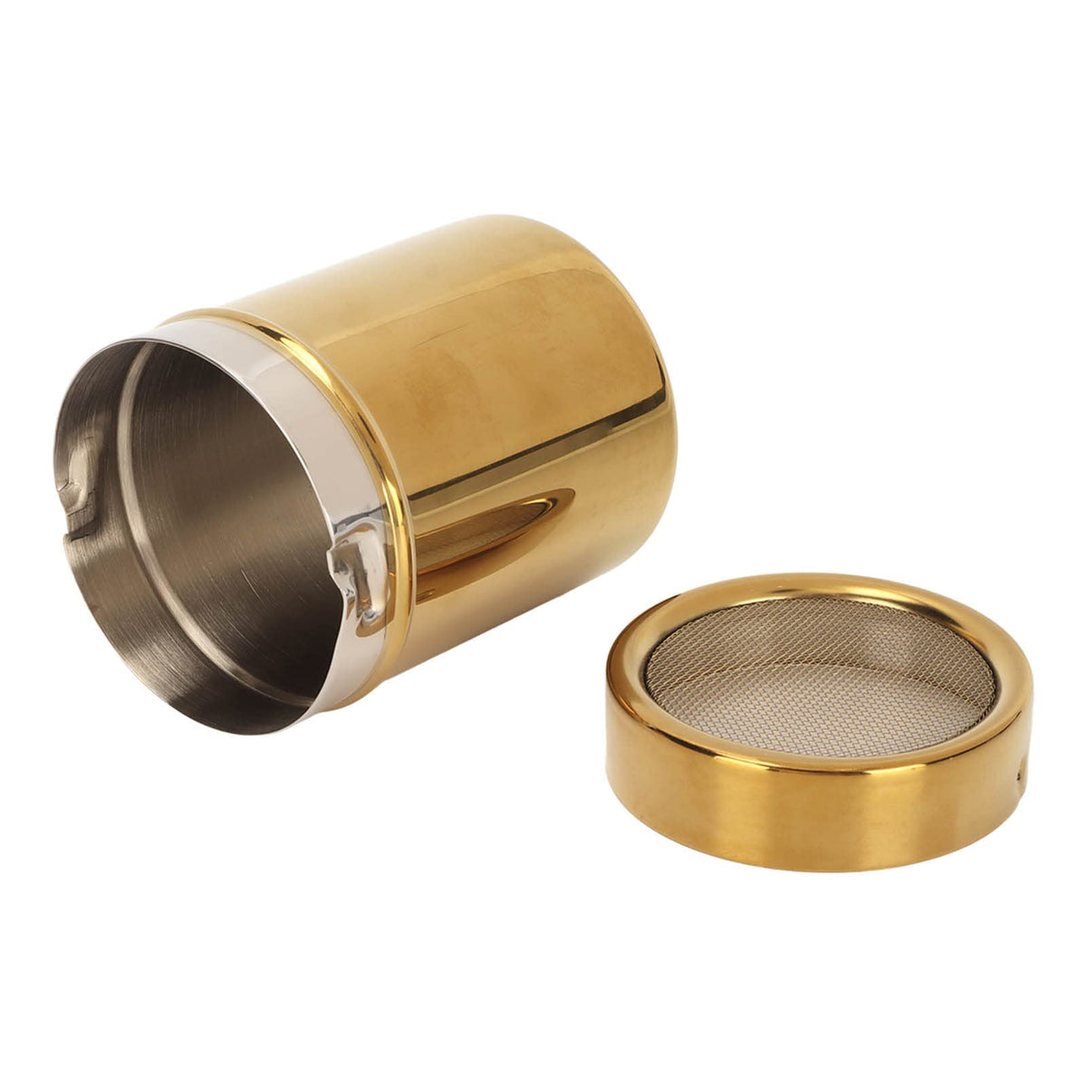 Stainless Steel Powder Shaker, Coffee Cocoa Dredges with Fine Mesh Lid, 2.8 x 3.5 inch Powder Sugar Shaker for Coffee Cocoa Chocolate Cinnamon, Gold