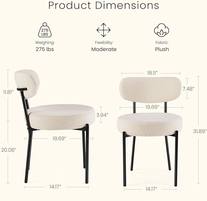 DUMOS Dining Chairs Set of 2, Mid Century Modern Chair Round Upholstered Curved