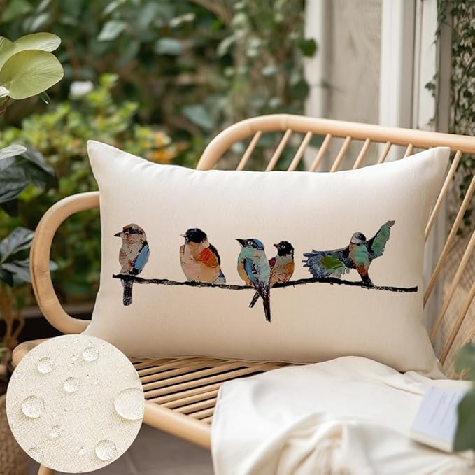 RABUSOFA Outdoor Pillow Covers Waterproof 12x20, Outdoor Bird Lumbar Throw