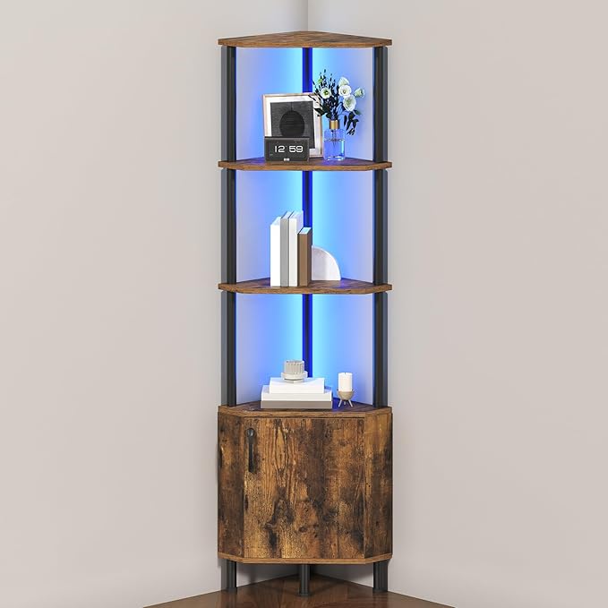 HOOBRO Corner Cabinet with LED Light, Corner Shelf Stand with Storage and Doors