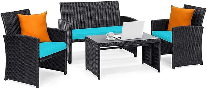 Tangkula 4 Pieces Patio Wicker Conversation Furniture Set, Patiojoy Sofa &