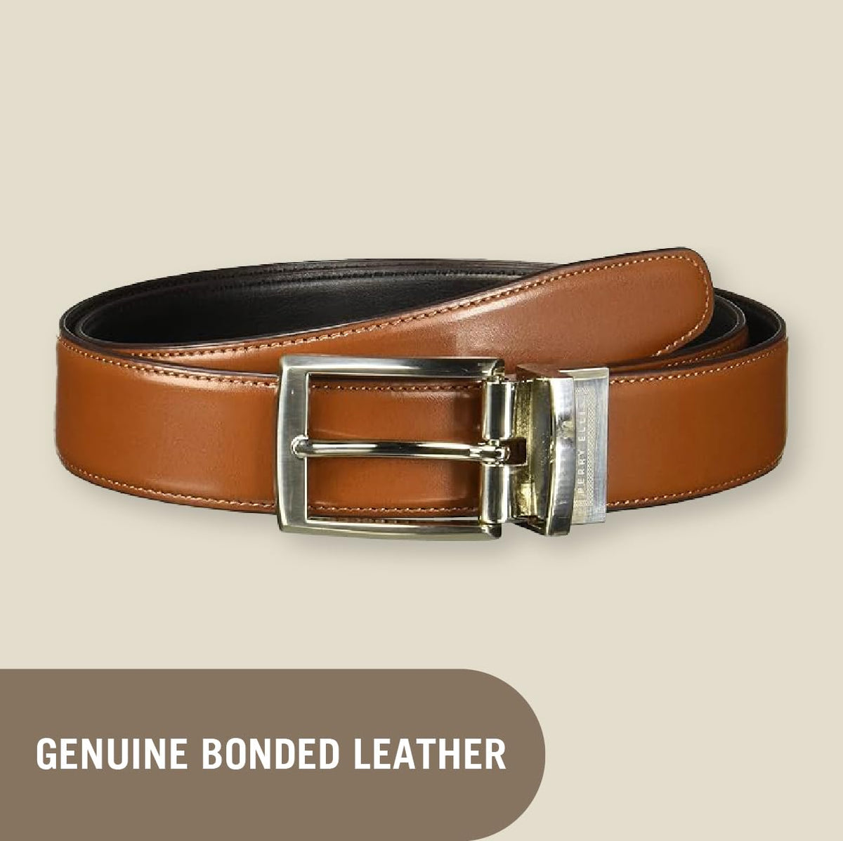 Perry Ellis Men's Portfolio Amigo Reversible Leather Belt, Stitched Edges, Durable, 1.5” Width (Available in Big & Tall), Luggage Brown, 34