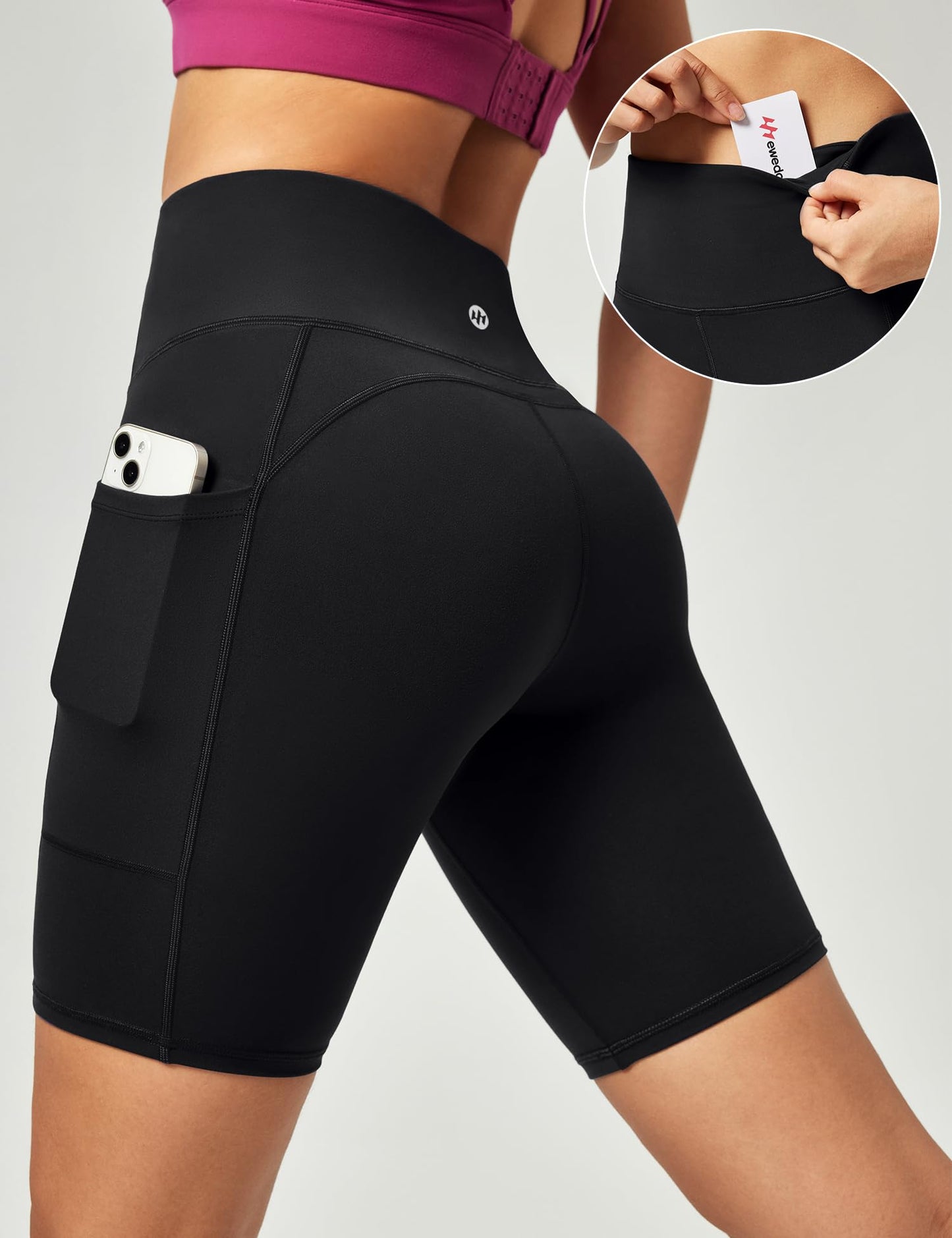 Ewedoos Biker Shorts Women Tummy Control Workout Shorts with 3 Pockets High Waisted Compression Gym Running Yoga Shorts Women Black