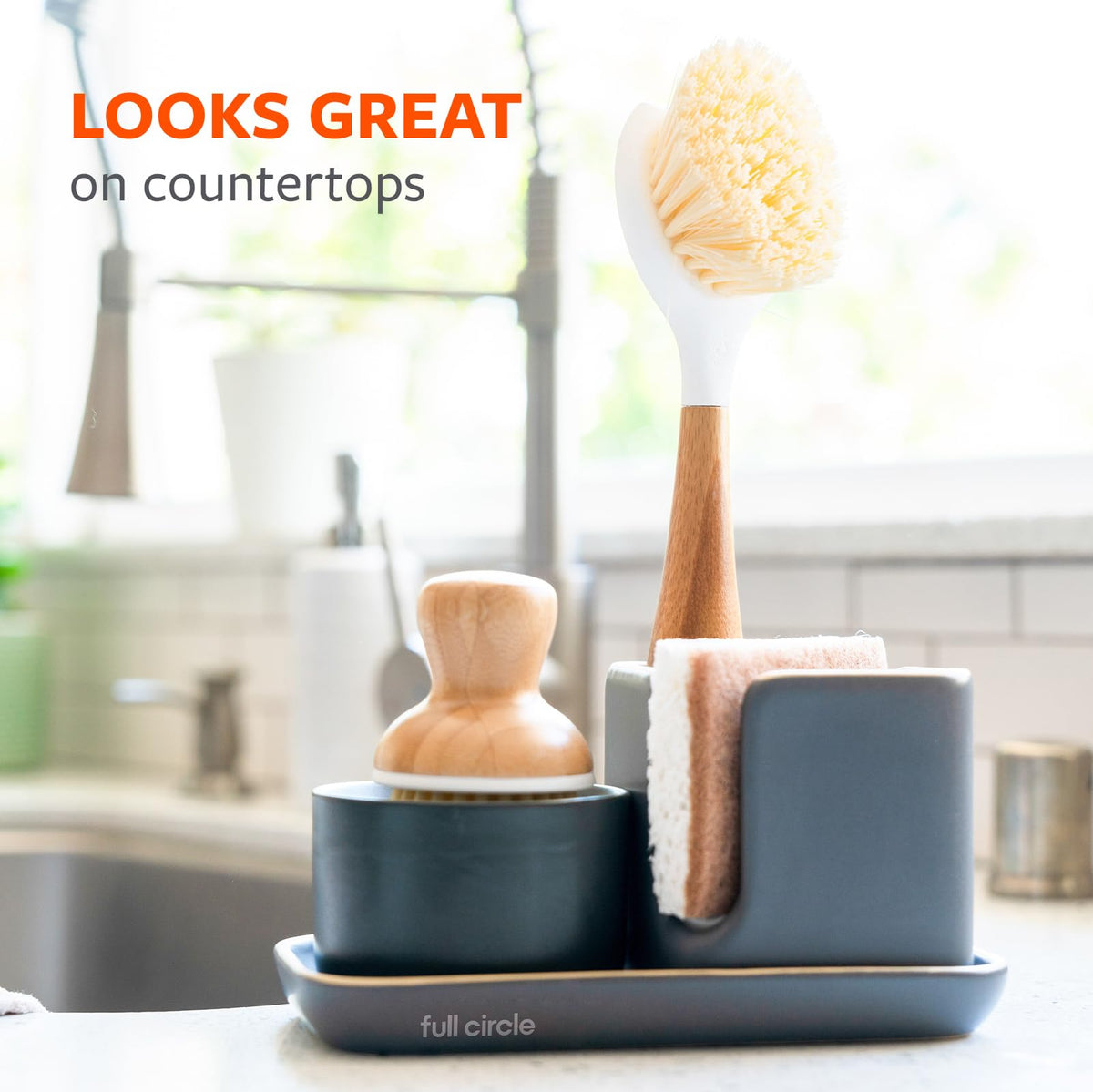 Full Circle Be Good - Bamboo Handle Dish Brush – Sustainable Kitchen Cleaning with Tough Bristles - Natural Dish Scrubber, Nonstick & Cast Iron Cleaner - Long Handle Brush for Dishes, Pots, and Pans