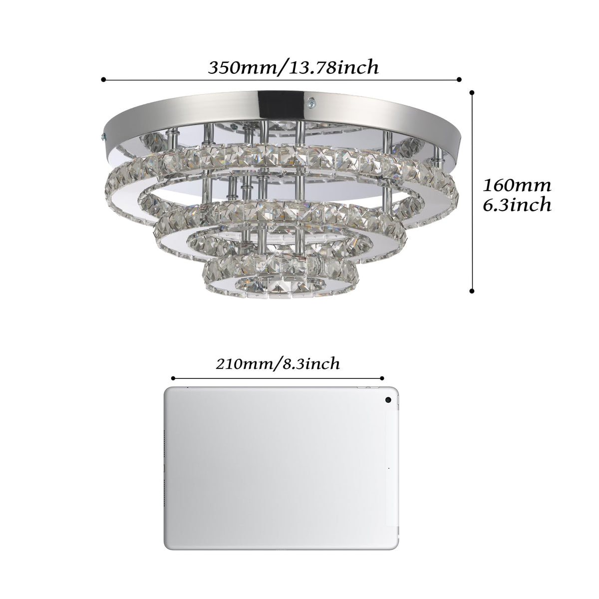 YPQXYHDA Modern Crystal Chandelier LED 3 Tier Crystal Ceiling Lights Flush Mount Round Chandeliers for Bedrooms Dining Room Living Room,Dia 13.8",Cool White,42 W