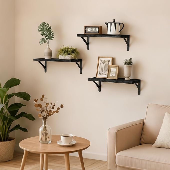 Fixwal Black Shelves for Wall, Wood Wall Mounted Floating Shelves for Bedroom