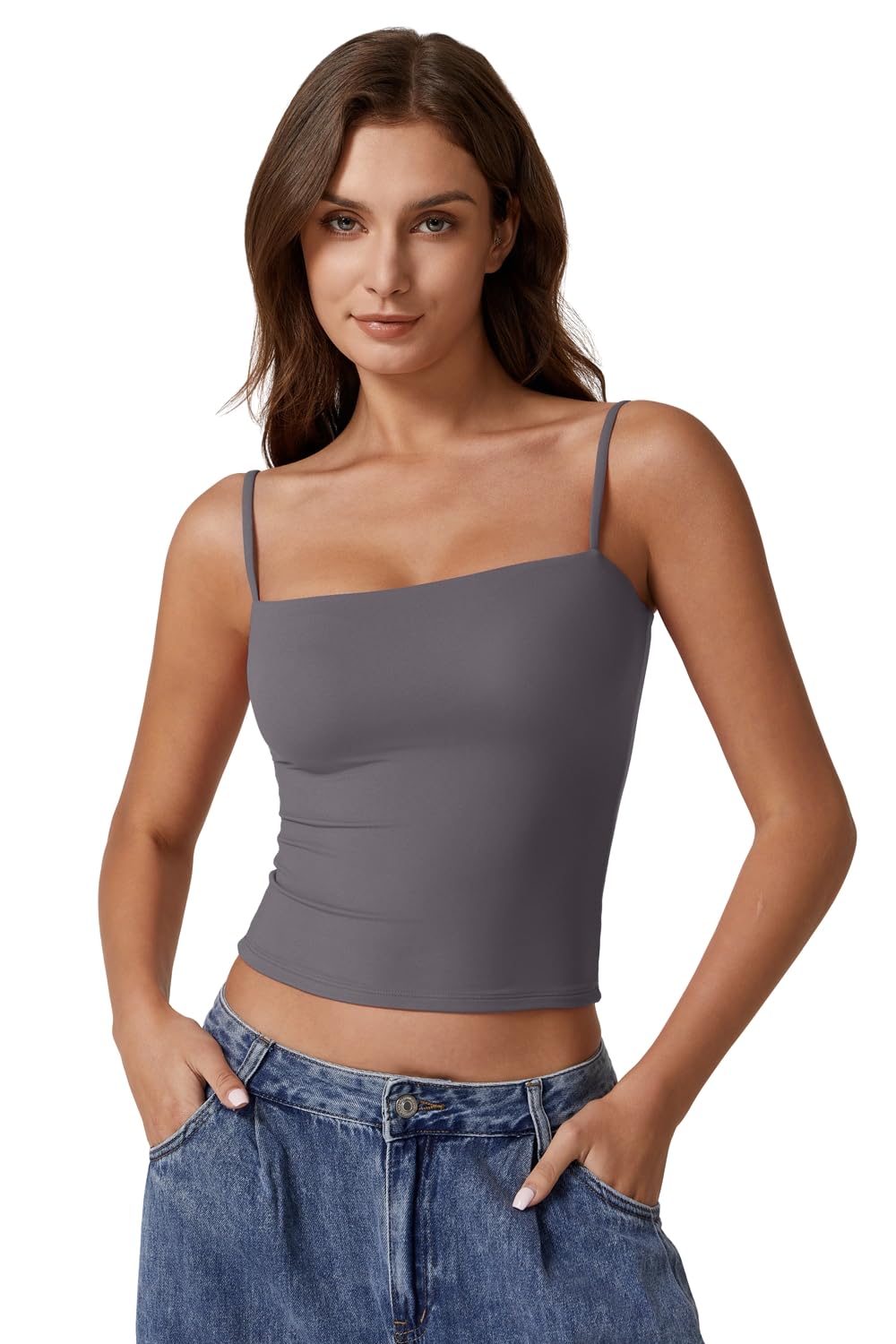 QINSEN Women's Spaghetti Strap Tank Tops Adjustable Cute Camisole Going Out Crop Tops Summer Clothes Dark Grey L