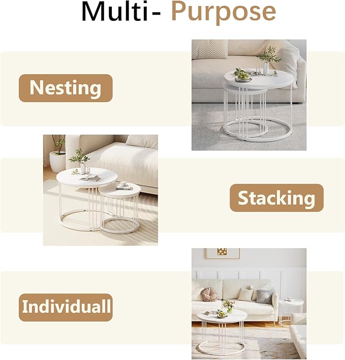 Garden 4 you Nesting Coffee Table, 23.6" Round Coffee Table Set of 2, Wooden