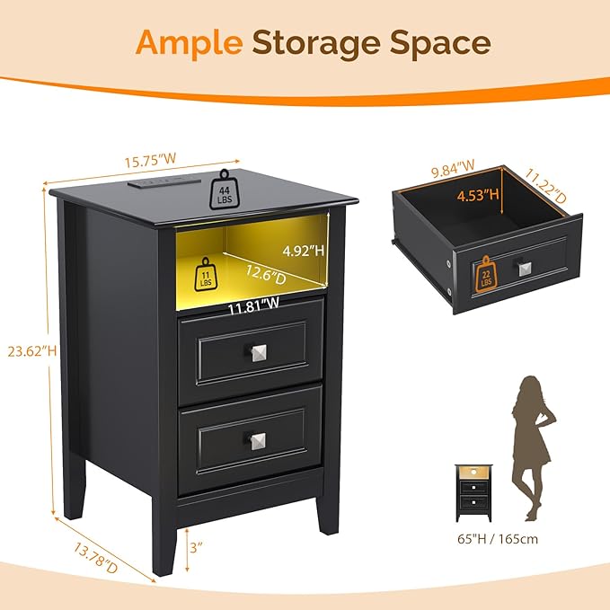 Bonnlo Led Nightstand with Charging Station, Night Stand Black Bedside Table