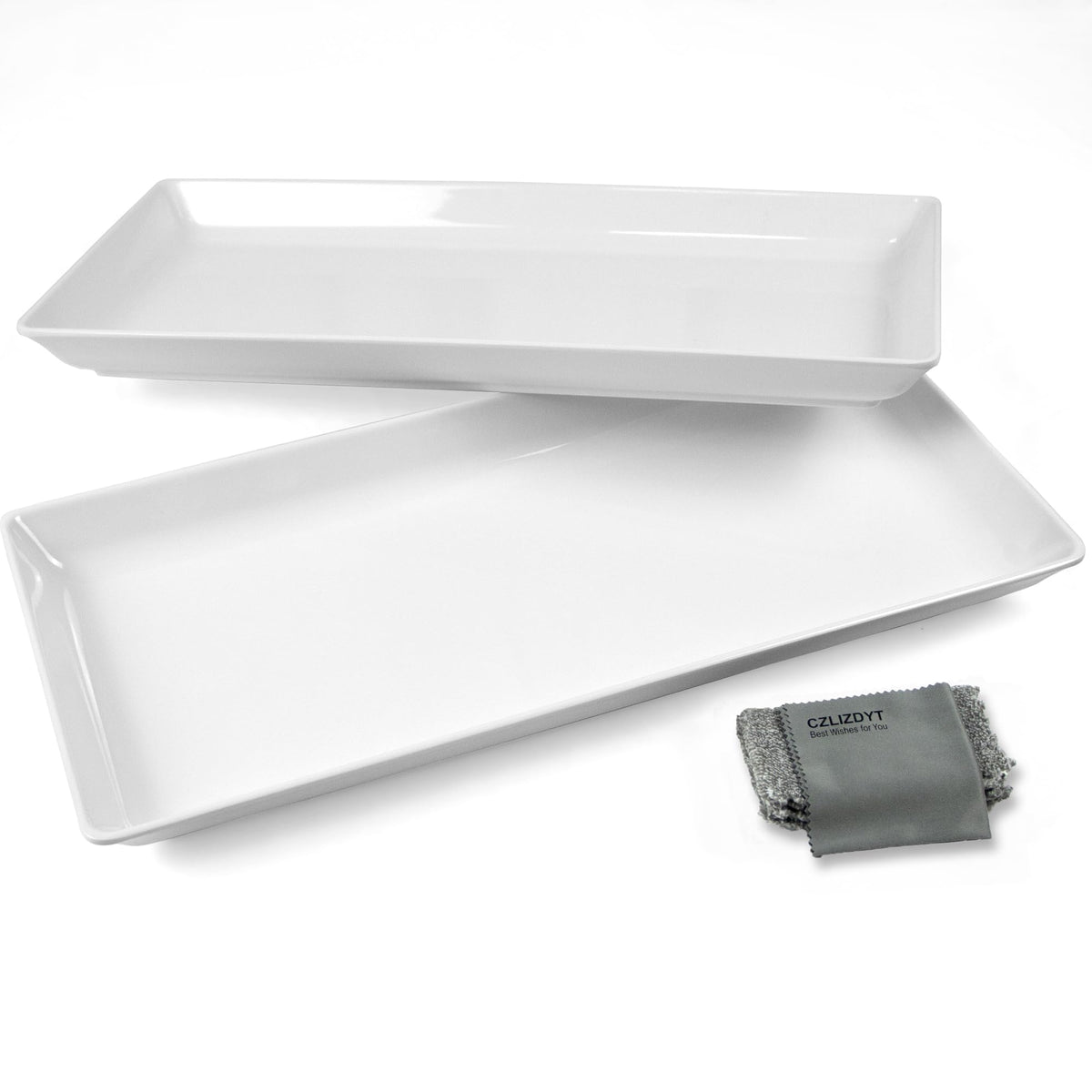 Czlizdyt Long Melamine Serving Platter, 17.3x8x1.5 inch Rectangle Serving Trays for Party, Long Serving Platters Plates for Appetizer, Charcuterie, Bread, Fruit, Dessert, Set of 2, White