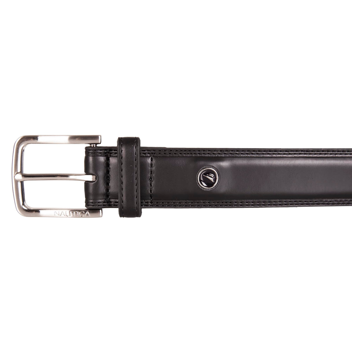 Nautica Men Bold Fashion and Dress Leather Belt with Metal Buckle, Logo Inlay Double Stitch-Black, 36"