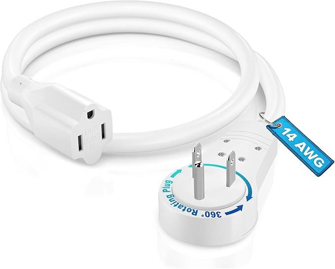 Maximm Cable 2 Feet 14Awg 360° Rotating Flat Plug Extension Cord/Wire, 3 Prong