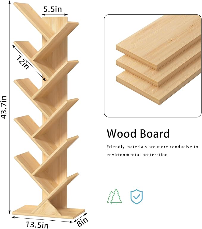 SHEEPAM 10 Tier Tree Book Shelf, Floor Standing Wood Bookshelf