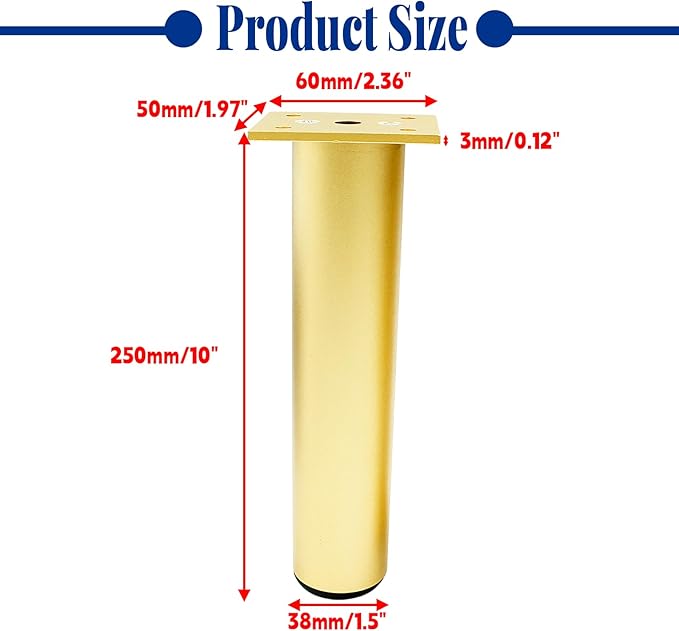 Set of 4 Aluminum Alloy Furniture Legs 10 Inch Height, 1.5 Inch Diameter
