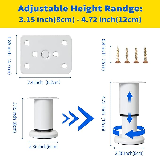 6 Pcs Adjustable Height Furniture Support Legs 3.15-4.72 inch, Metal Heavy Duty