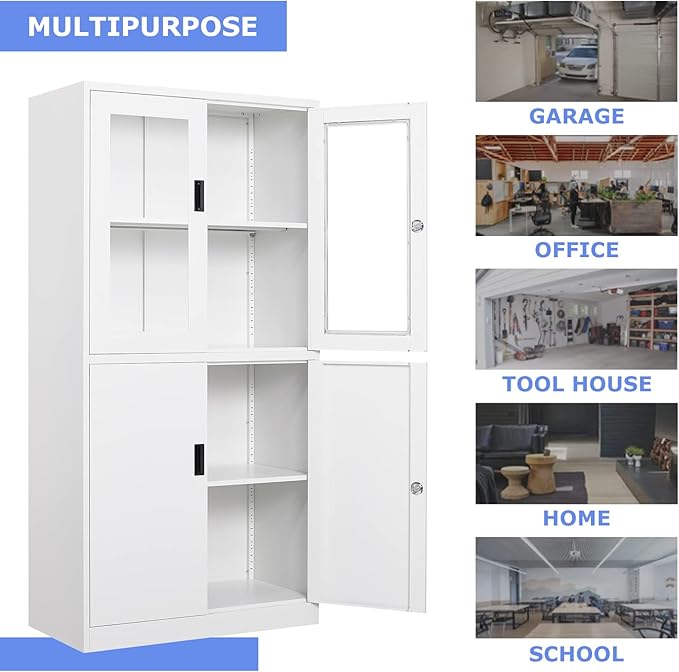 4 Door Display Cabinet with Adjustable Shelves, Locking Steel Storage Caninet