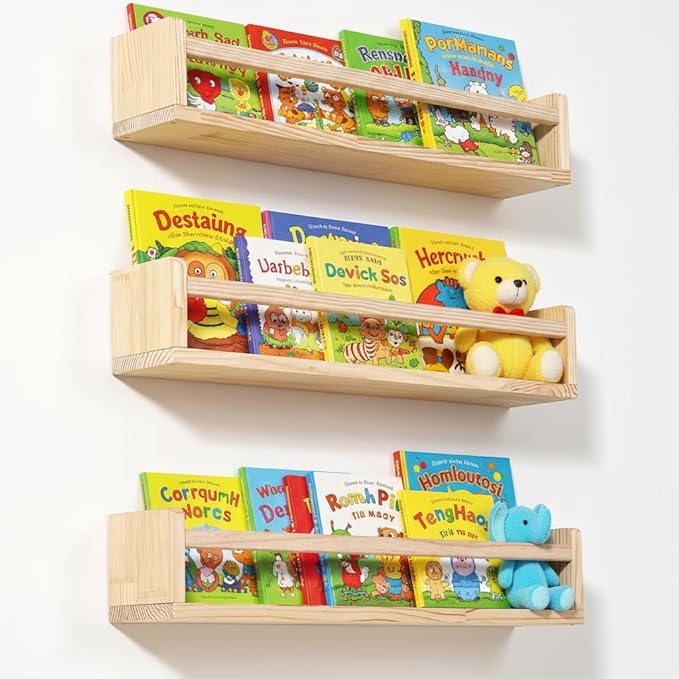 AZSKY 24 Inch Natural Pine Wood Floating Shelves, Nursery Book Shelves