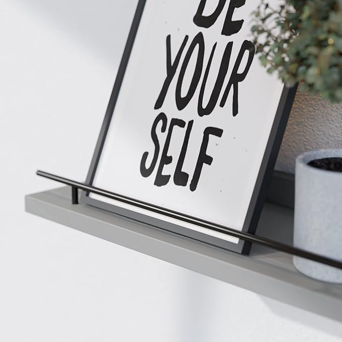 WOPITUES Floating Shelves with Black Metal Guardrail, Shelves