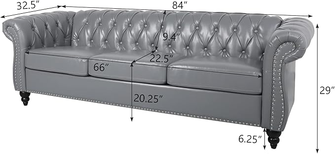 ORRD 3 Piece Living Room Set, Chesterfield Leather Sofa Loveseat Couch Chair
