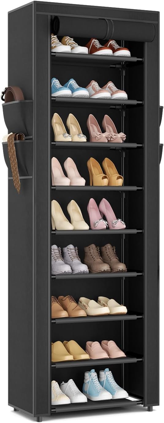 LANTEFUL Narrow Shoe Rack with Cover 10 Tier Tall Shoe Rack Organizer Large