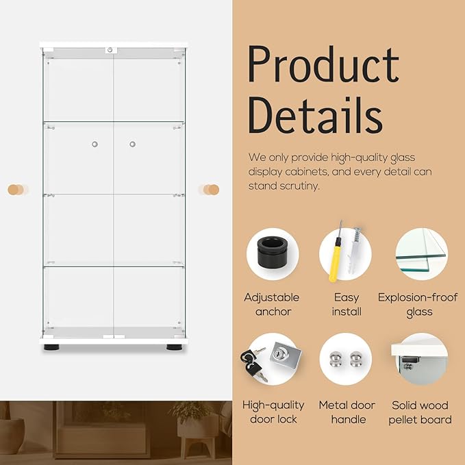 Display Cabinet with Glass Door and Lock, 4-Shelf Fast Installation in 30 Mins
