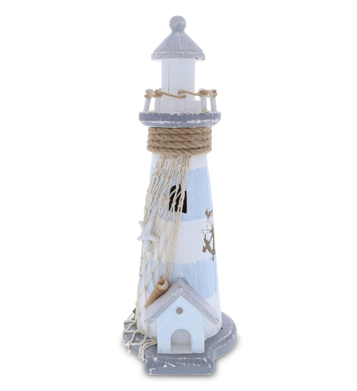 CoTa Global Moonlight Wooden Lighthouse Decor - Handcrafted Nautical Decor Light House with Fish Net Decoration and Cool Ocean Ornament Shells, Wooden Sculpture for Tabletop Centerpiece - 11.5 Inches