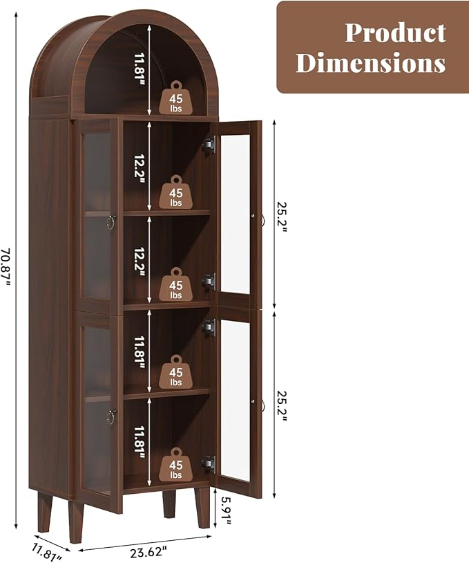 71" Tall Arched Cabinet with Acrylic Door, Modern Curio Arched Bookcase with